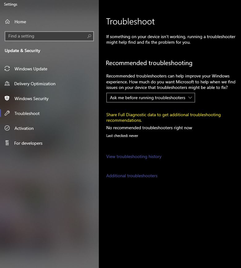 Windows troubleshooting settings screen
